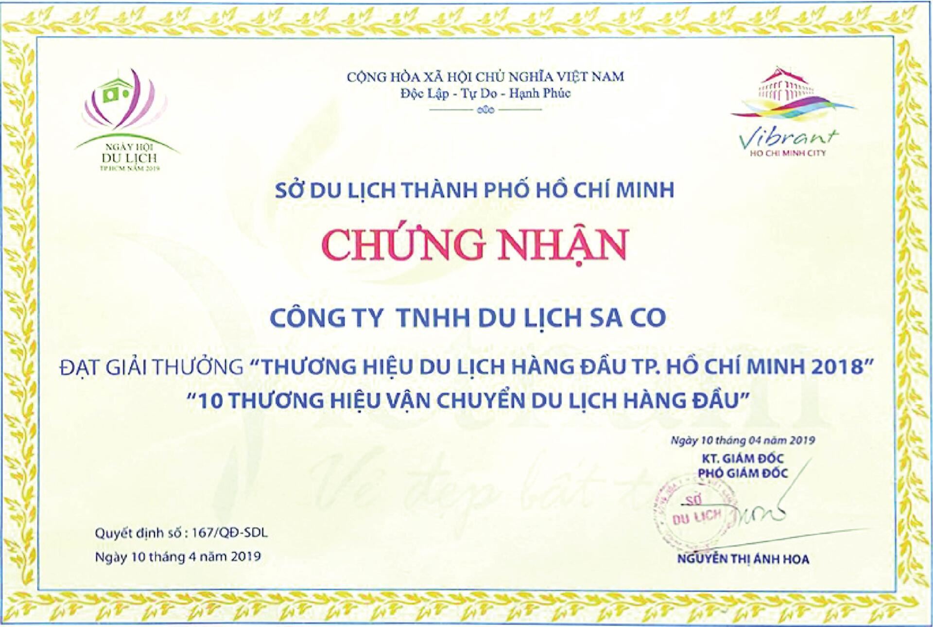 Bằng khen Saco Travel