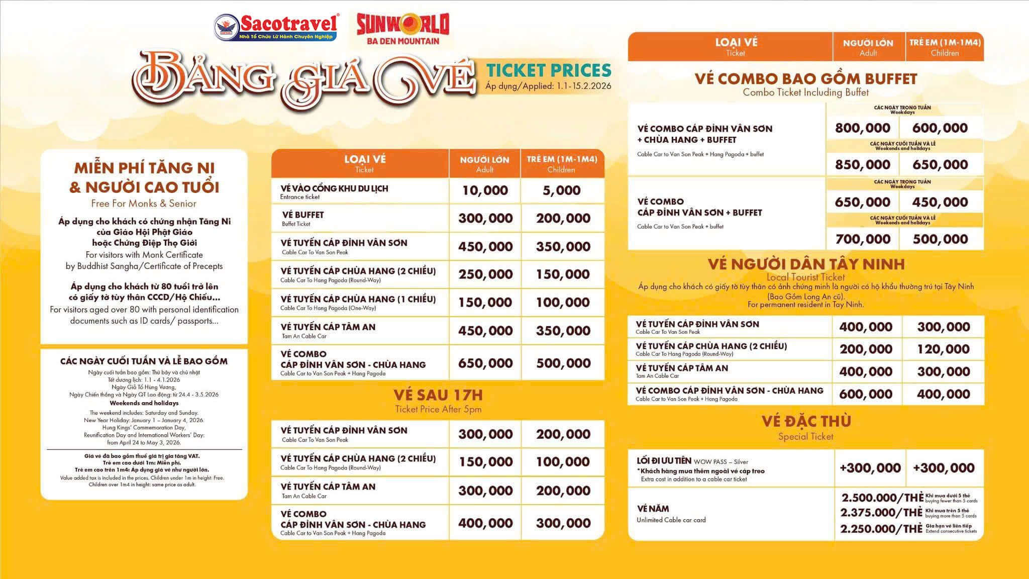 bảng giá vé cáp treo đầu năm 2026