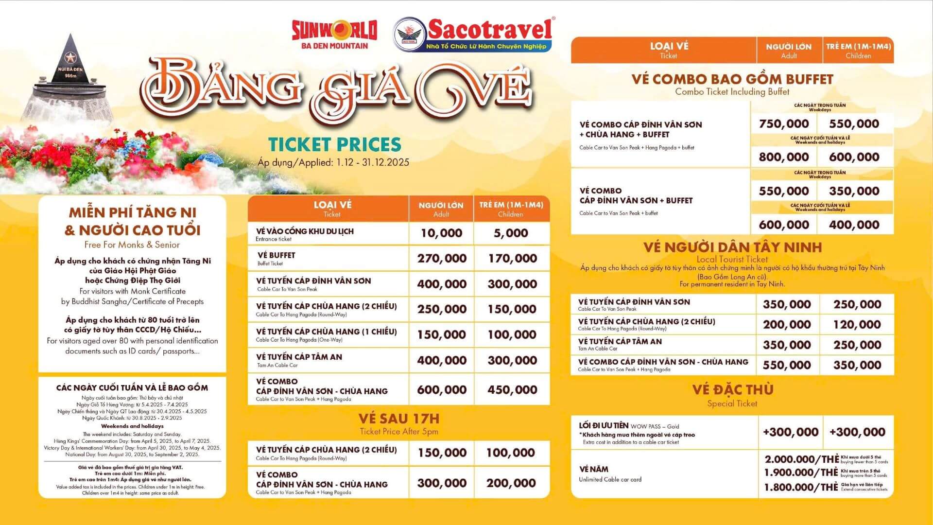 bảng giá vé cáp treo núi bà đen tháng 12